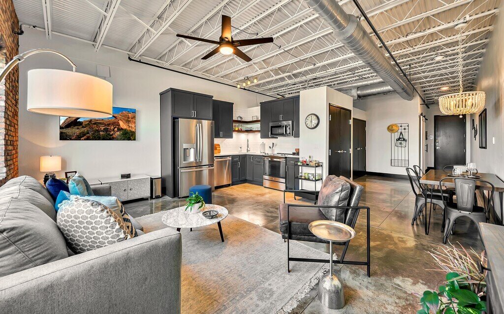 Open concept layout in this one-bedroom, one-bathroom vacation rental condo with sleeping space for four is walking distance from the Silos, McLane Stadium, and Baylor University in downtown Waco, TX