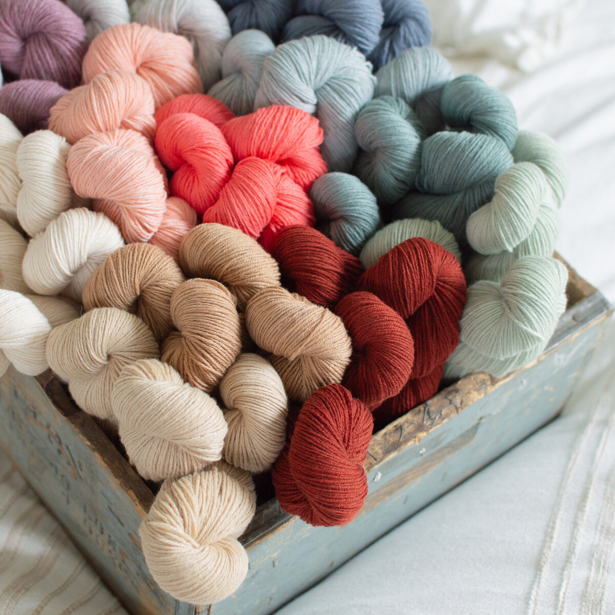 Coastal Cashmere Yarn Skeins diagonal in vintage box