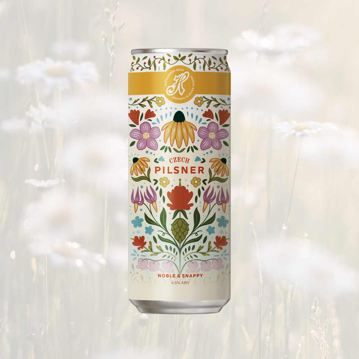 A colorful floral patterned beer can design for a  czech pilsner