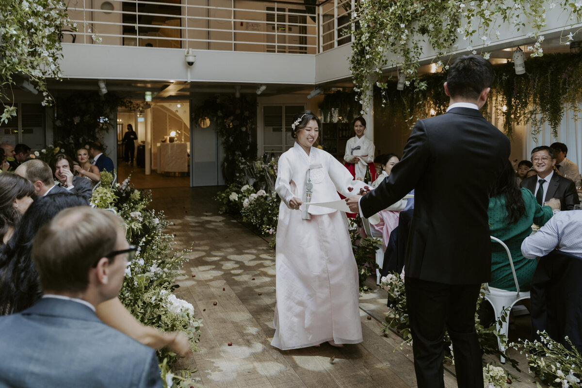 the bride changed to her wedding hanbok