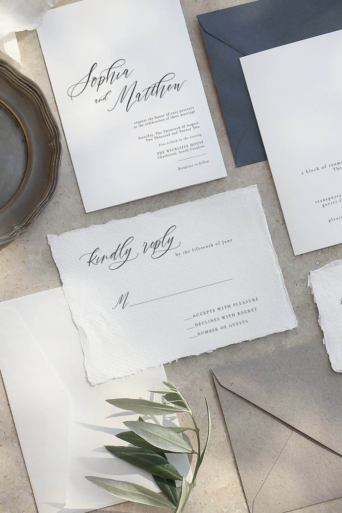 neutral wedding invitation raw edge paper