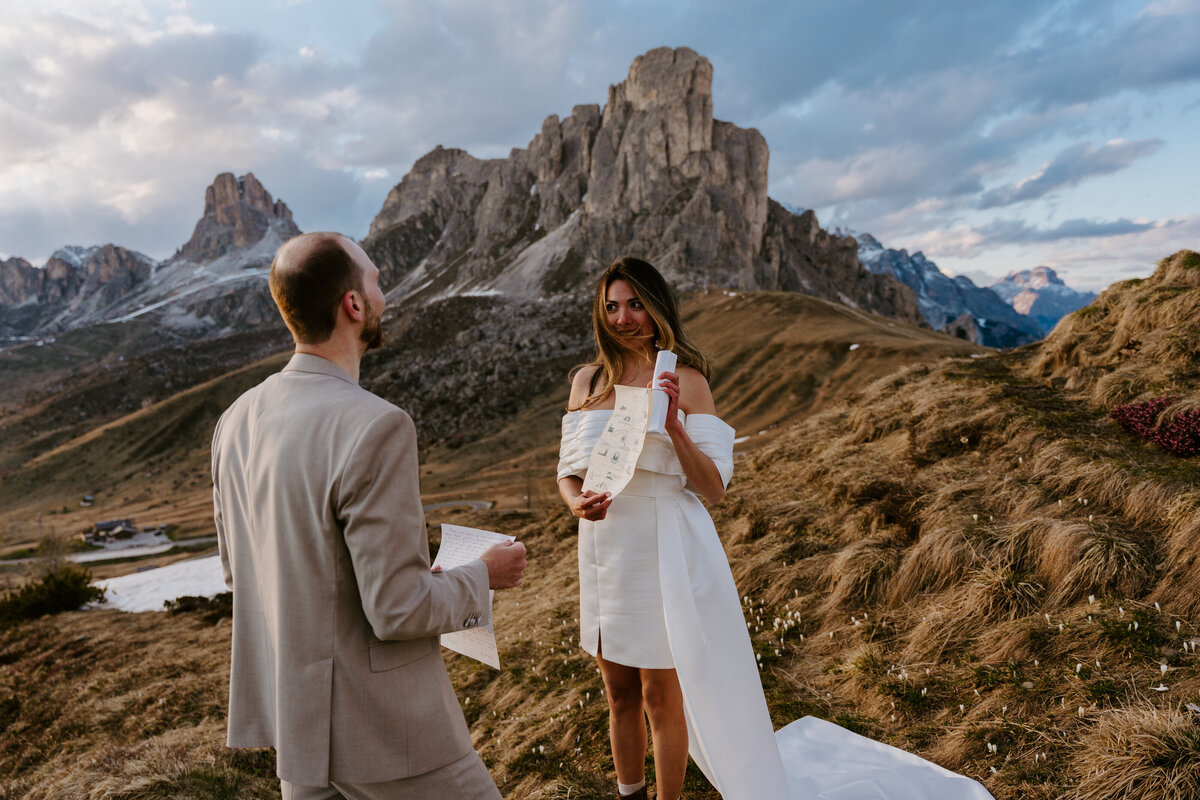 happy couple together in mountain elopement in Dolomites