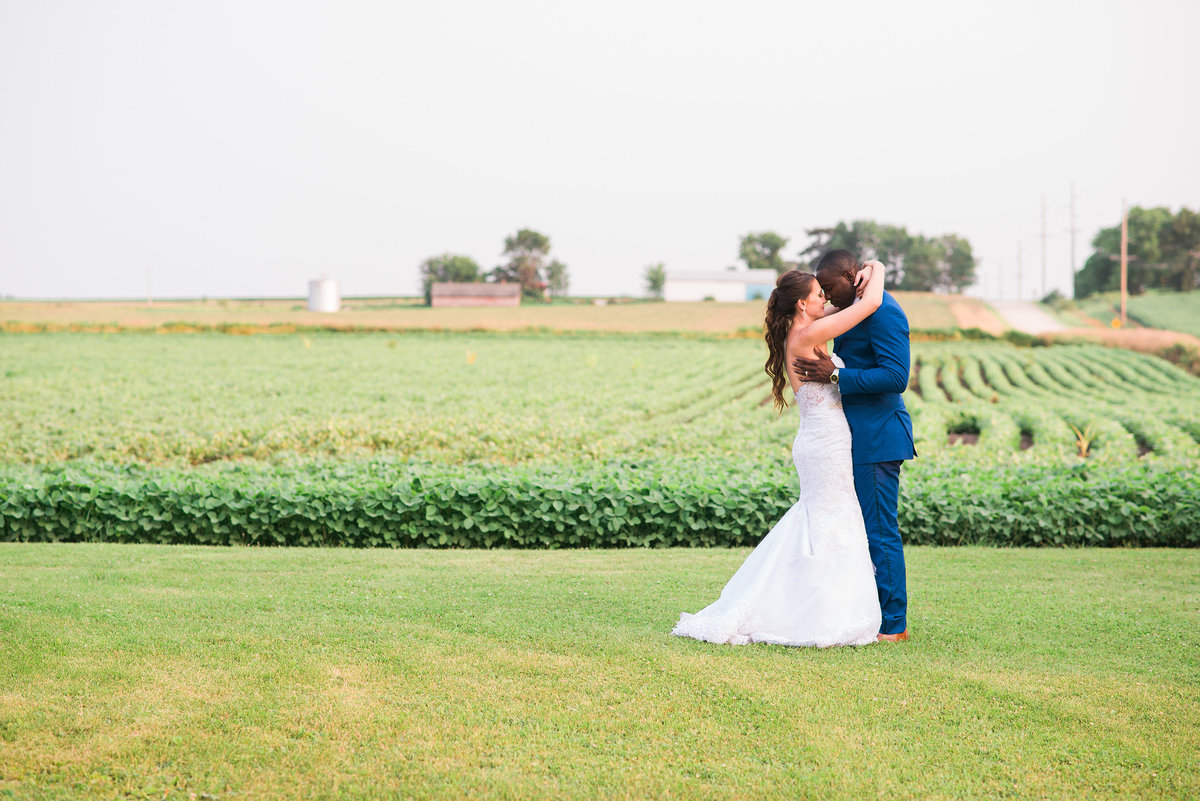 Family farm in Iowa bride and groom overlooking a bean field at sunset on thier wedding day