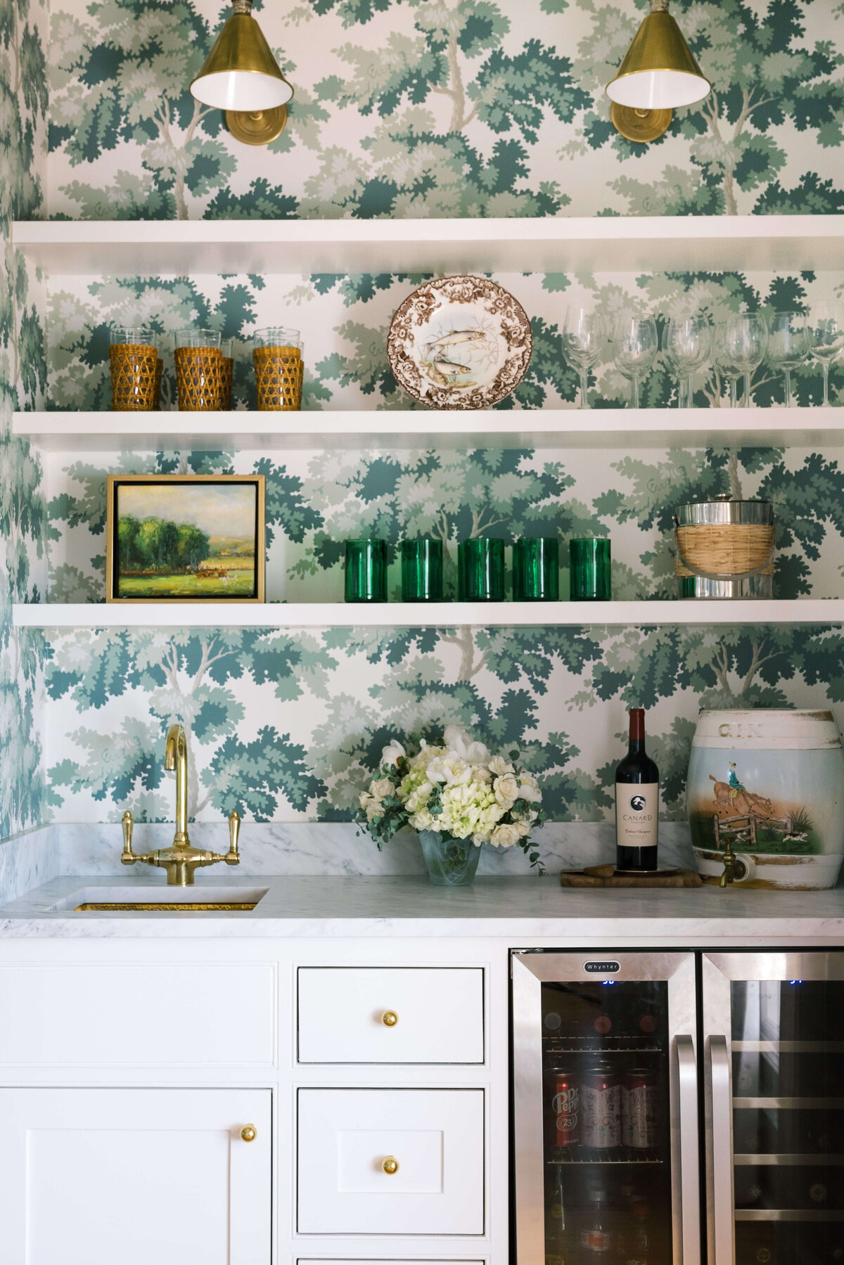 oyster creek happy valley decorative wallpaper with shelving in kitchen area