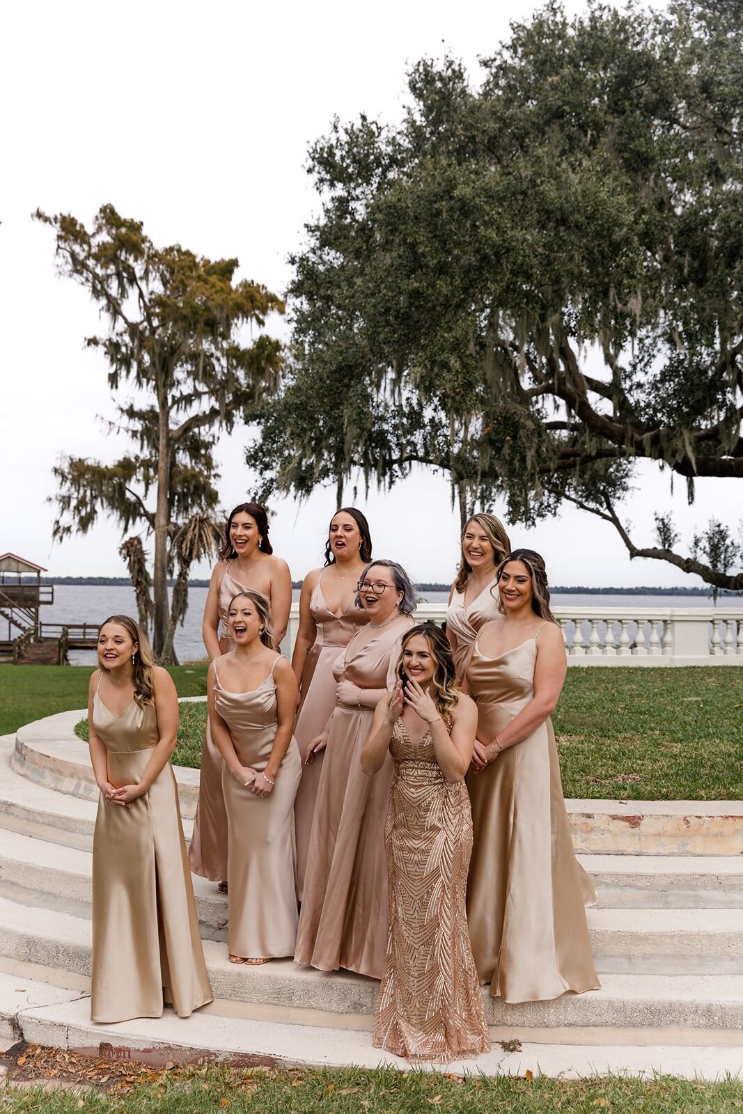 Bridesmaids reactions first look with bride at Bella Cosa, Lake Wales, Florida