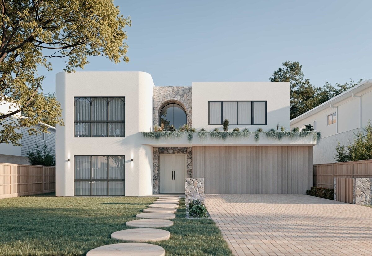 Solis – A luxury modern home by NXTgen Construction showcasing a contemporary front facade with curved render and natural stone.