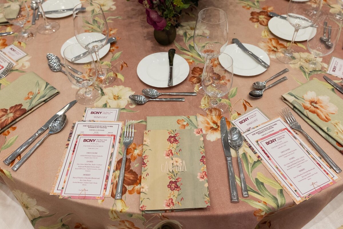 lose-up of a floral-patterned table with place settings, menus, and floral napkins