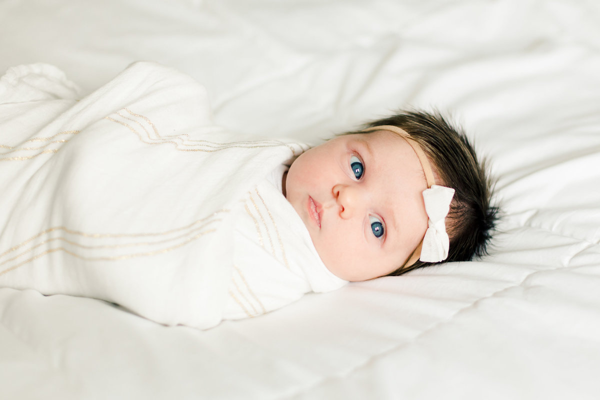 gorgeous newborn baby girl swaddled with blue eyes