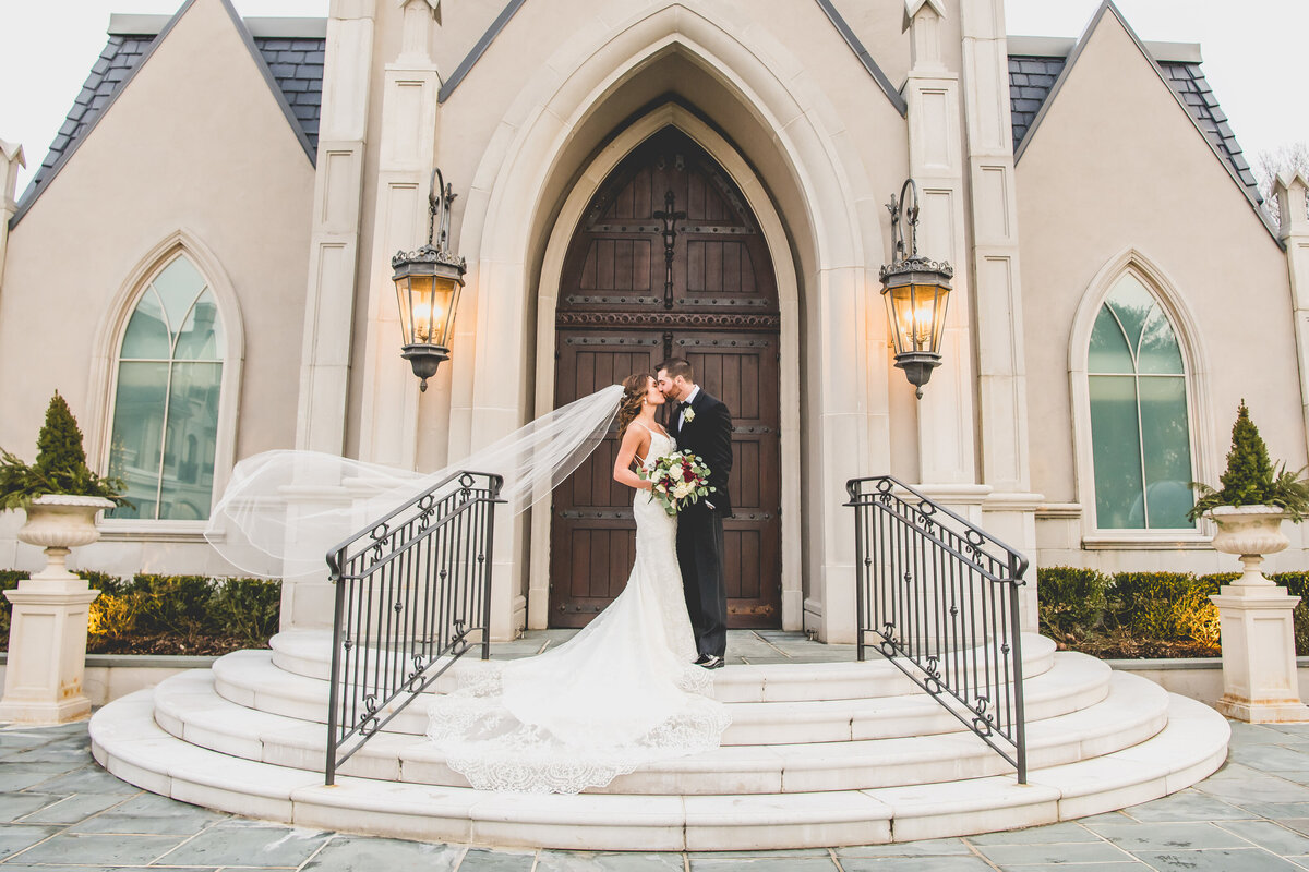 Bride and groom at chapel at Park Chateau in New Jersey
