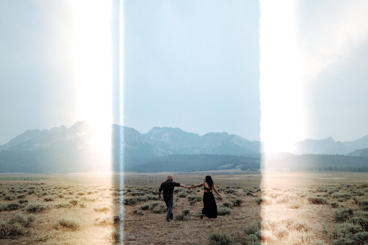 Couple during golden hour engagement shoot in Stanley, Idaho wedding/elopement - photographed by The Storytellers