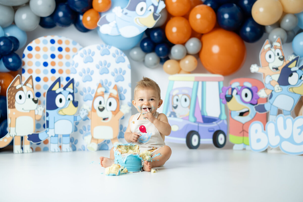 Little boy with Bluey themed first birthday cake smash in Canton GA photography studio