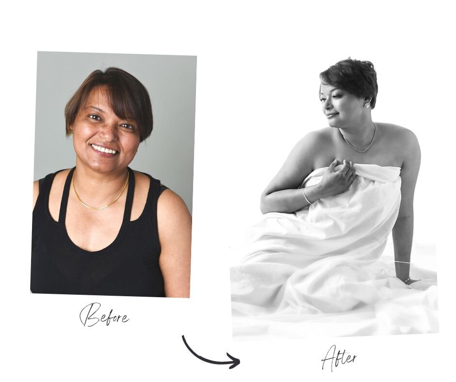Glamour photography in Toronto: Side-by-side comparison of a woman before and after a professional makeover session