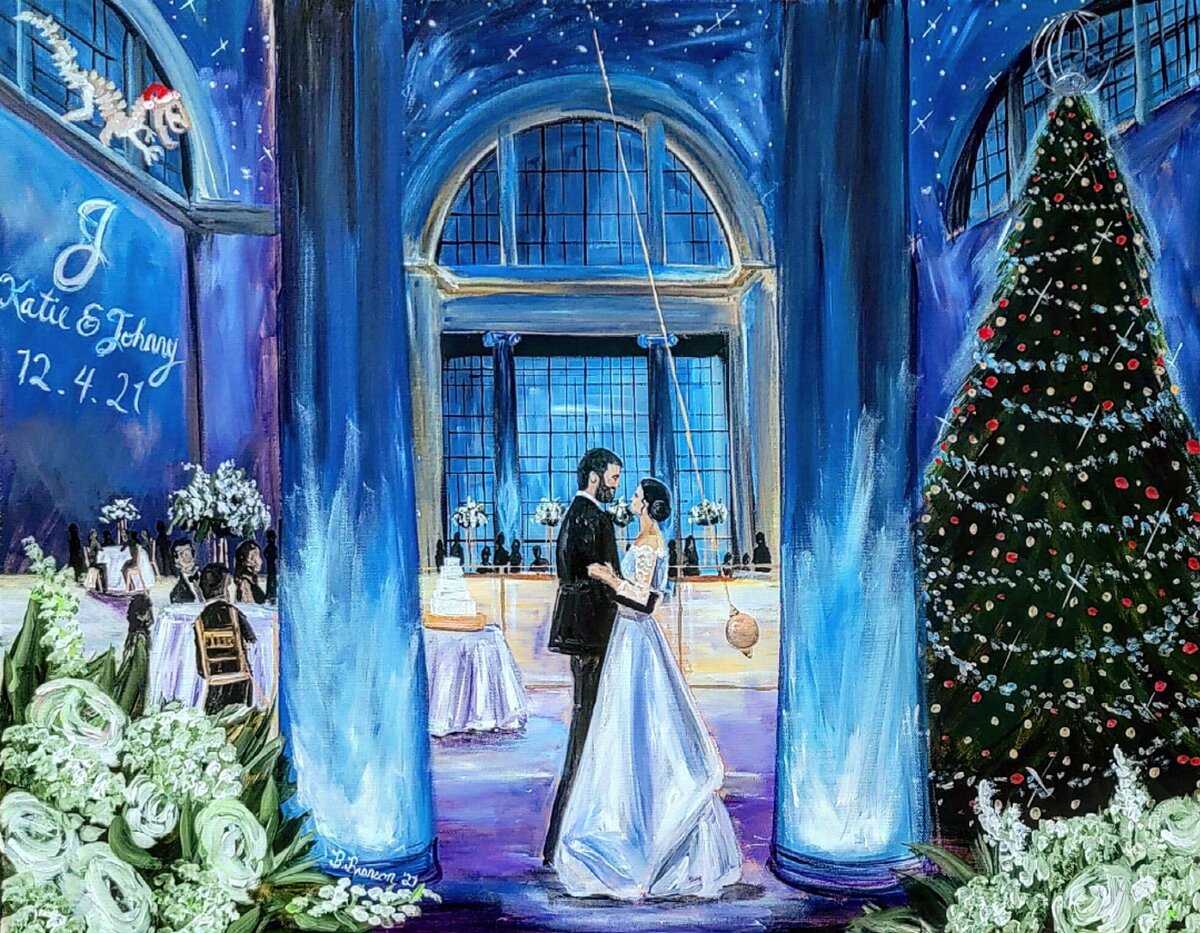 First dance live wedding painting at Christmas time at the Science Museum of Virginia