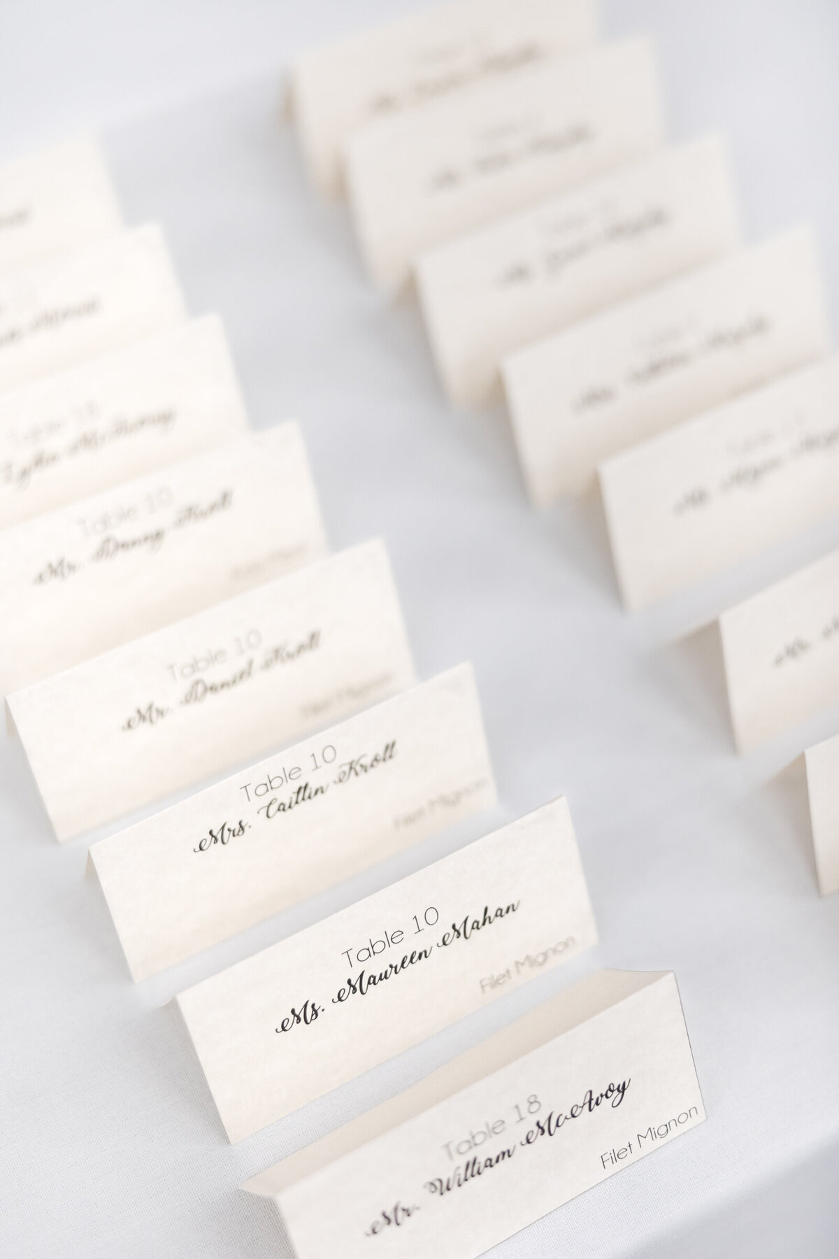 Seating cards for a black tie wedding at the AC Marriot