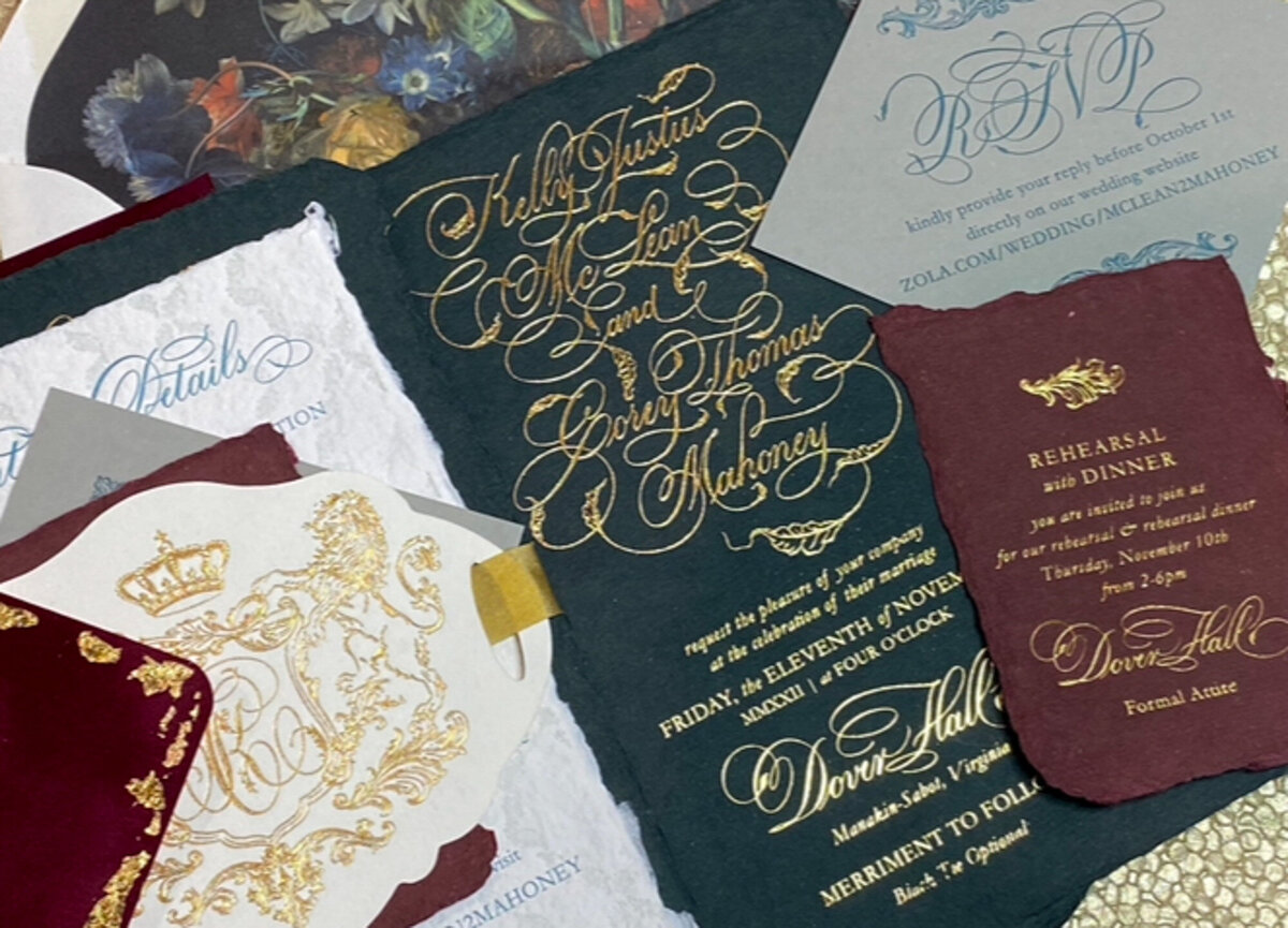 Green wedding invitation with custom calligraphy