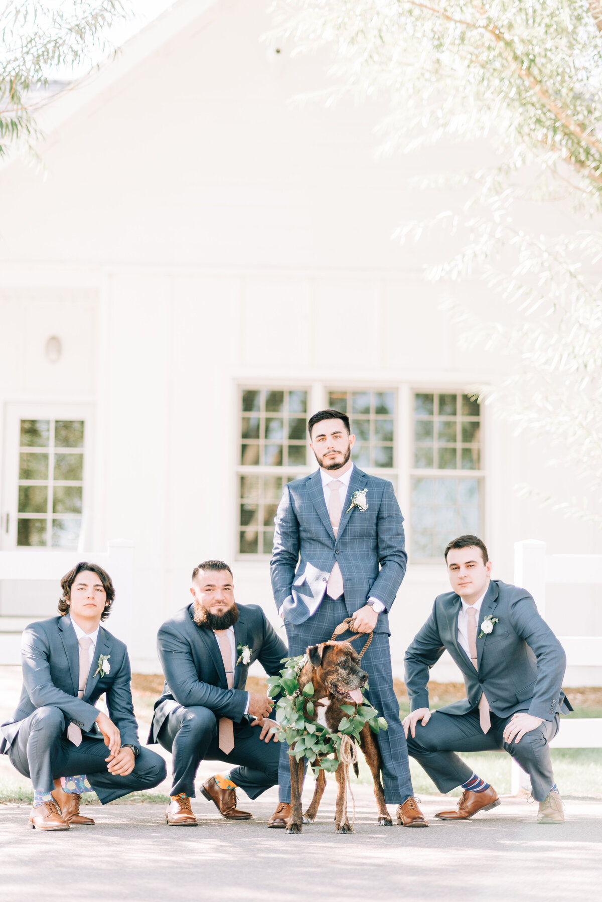 groom and his groomsmen pose for a photo with the dog who is also the ring bearer