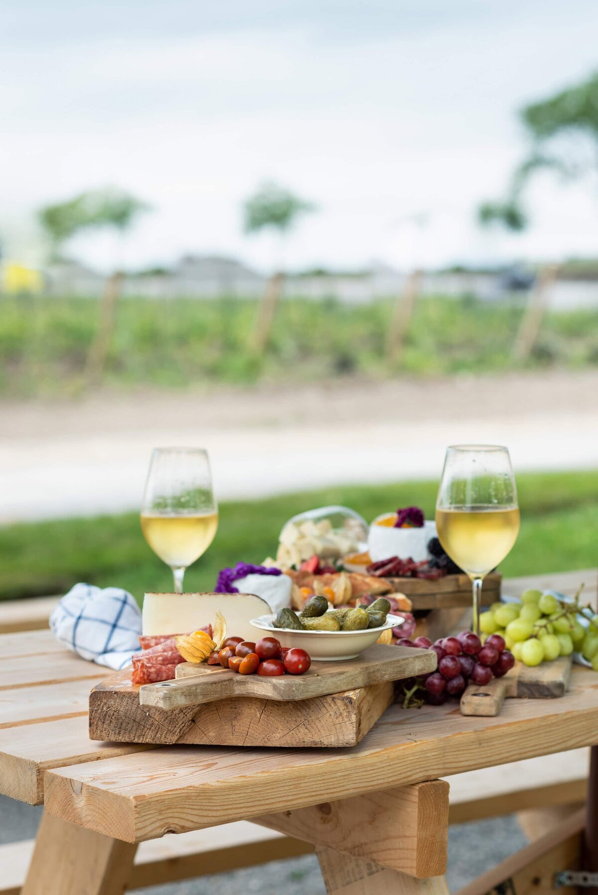 charcuterie board food with wine in wine glasses on a wooden picnic table outside
