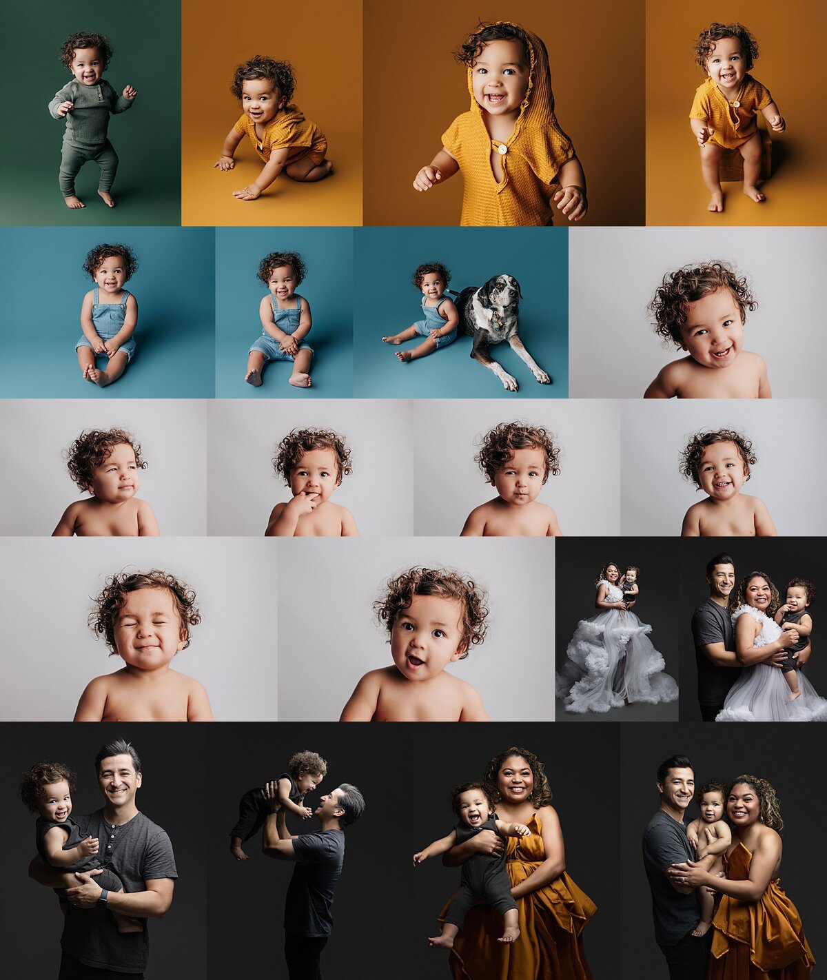 One-year milestone collage featuring laughing baby, cake smash, and family moments