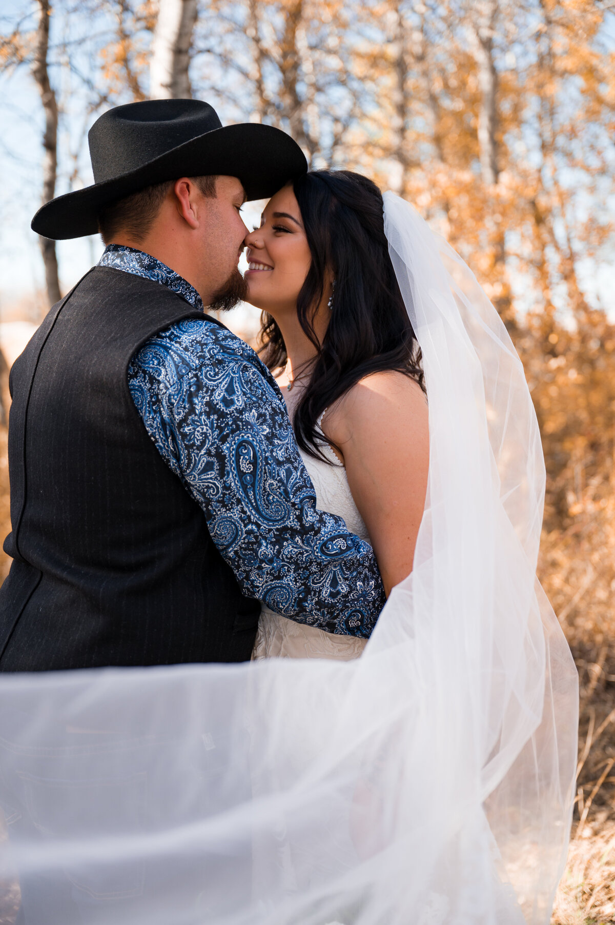 bride and groom look at each other for Edmonton, Wedding Portrait