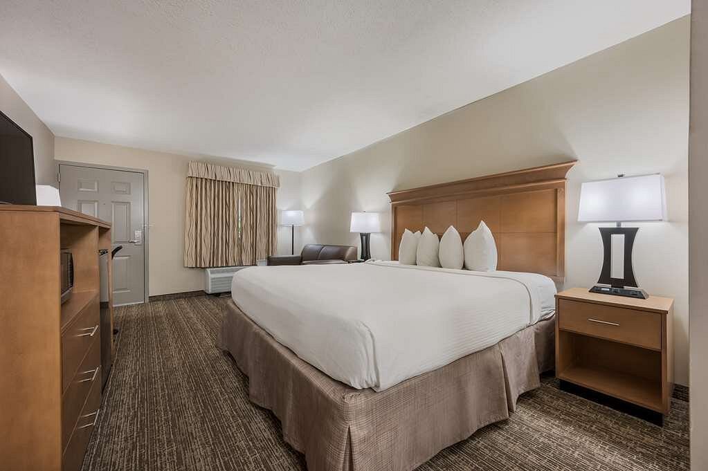 Hotel king size bed in guest room with beige accents