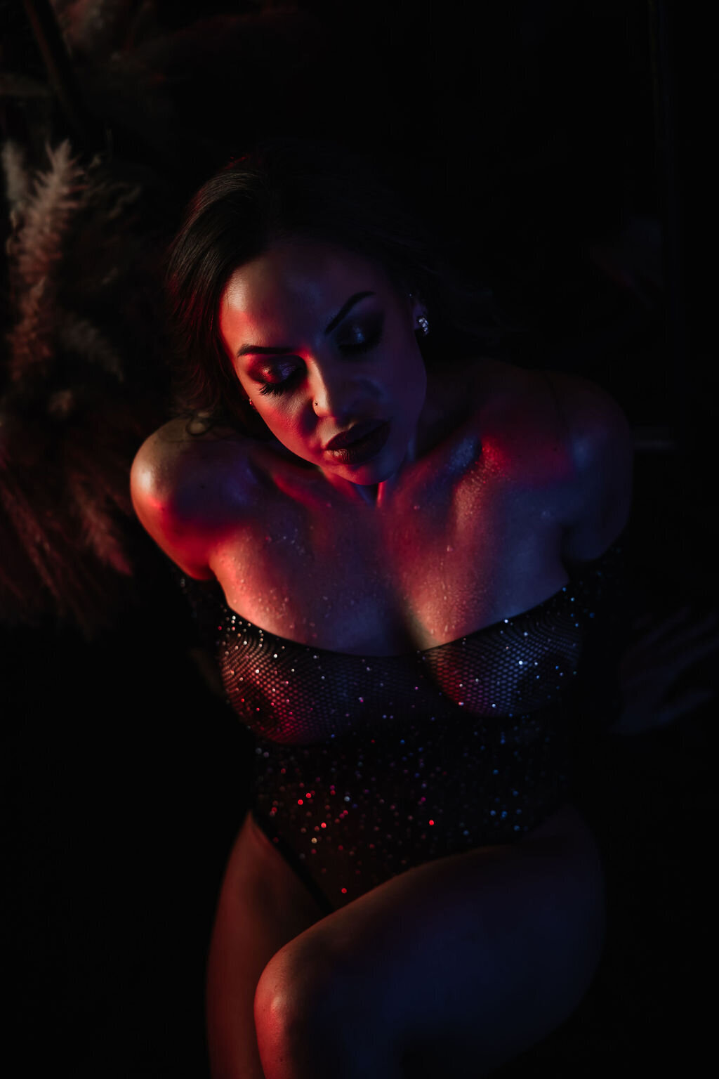 Boudoir photography woman in black lingerie with neon lights Lubbock, Texas Boudoir photographer in Amarillo TX