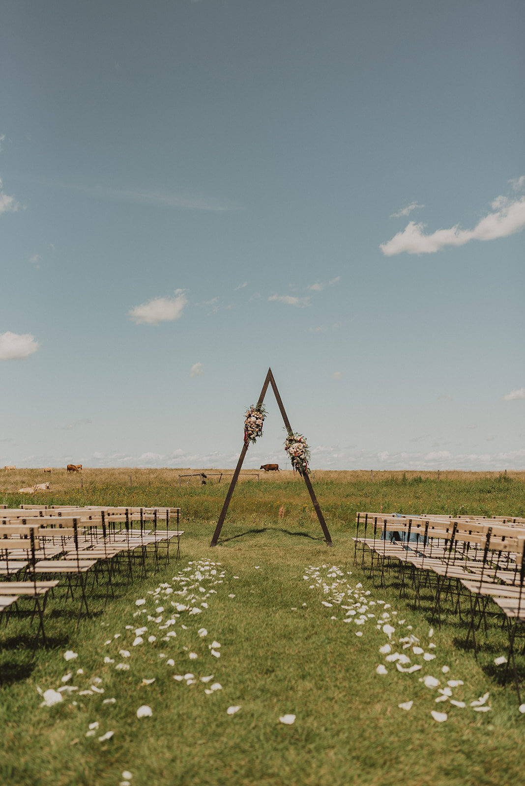 Classic outdoor ceremony with triangle arch and white florals at The Gathered, a nostalgic greenhouse based in Kathryn, Alberta wedding venue, featured on the Brontë Bride Vendor Guide.