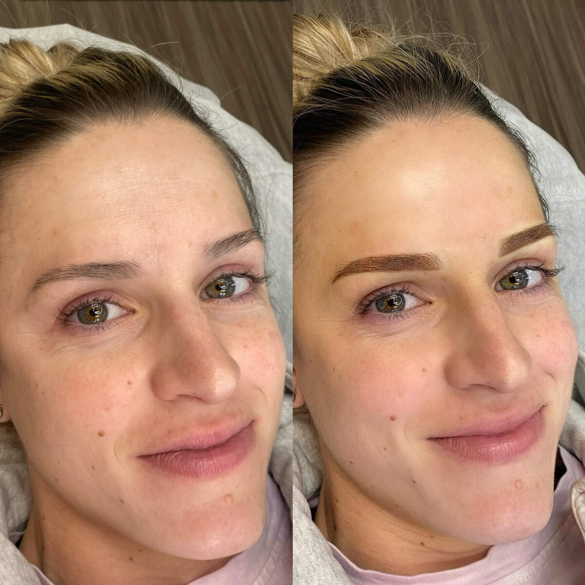 Before and after side and side of powder brow tattoos.