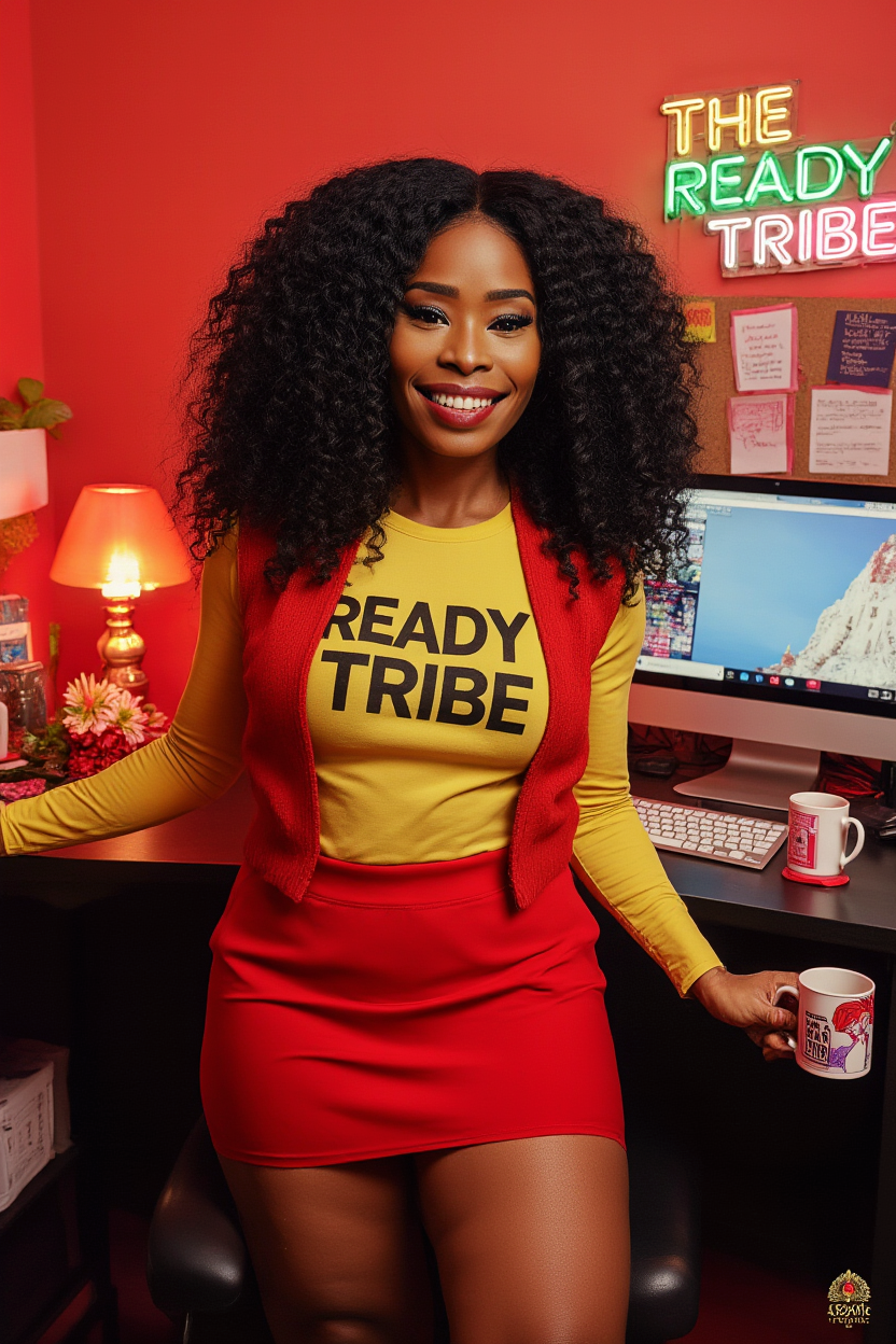 A radiant 155-pound Black woman with rich brown skin and voluminous natural 4C hair flowing down her back. She wears a fitted yellow long-sleeve shirt with bold black text reading “THE READY TRIBE” across the chest, paired with a sleeveless red vest. Her bottom is a stylish red skort (skirt in front with shorts underneath) for a sporty yet chic vibe. When seated, the skort is visible and complements the clean background. The desk is styled with playful accessories: a glowing red lava lamp, a pastel neon sign reading “Ready Tribe” on the wall, a mood board with bold branding inspo and motivational notes, and a computer with a vibrant pink-and-white keyboard. Her phone and coffee mug sit nearby, adding to the stylish workspace. The vibe is high-fashion editorial photography with 4K hyper-real texture, dramatic cinematic contrast, and bold attitude — fun, feminine, and powerful, blending boss energy with playful nostalgia. red aesthetic