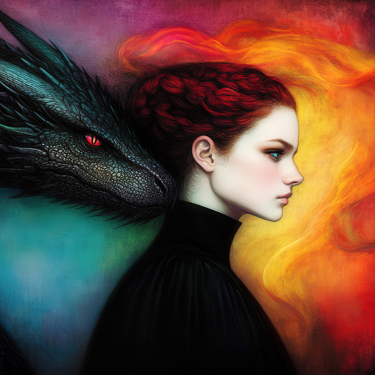  Illustration of a dragon beside a red-haired woman, part of Jasmina Kimova’s Dragonheart Chronicles fantasy art series.