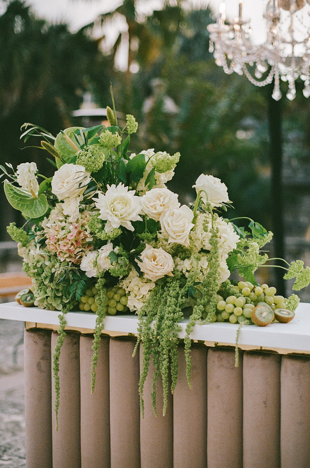 Winter wedding reception on the bay in Miami, Florida. Italian-inspired wedding design at Vizcaya Museum and Gardens with elegant and timeless green and white floral design. Lounges and bars at winter wedding reception decorated with lush floral arrangements and styled fruit. Floral featuring hanging amaranthus and petal heavy white blooms. Design by Rosemary & Finch Floral Design in Nashville, TN.