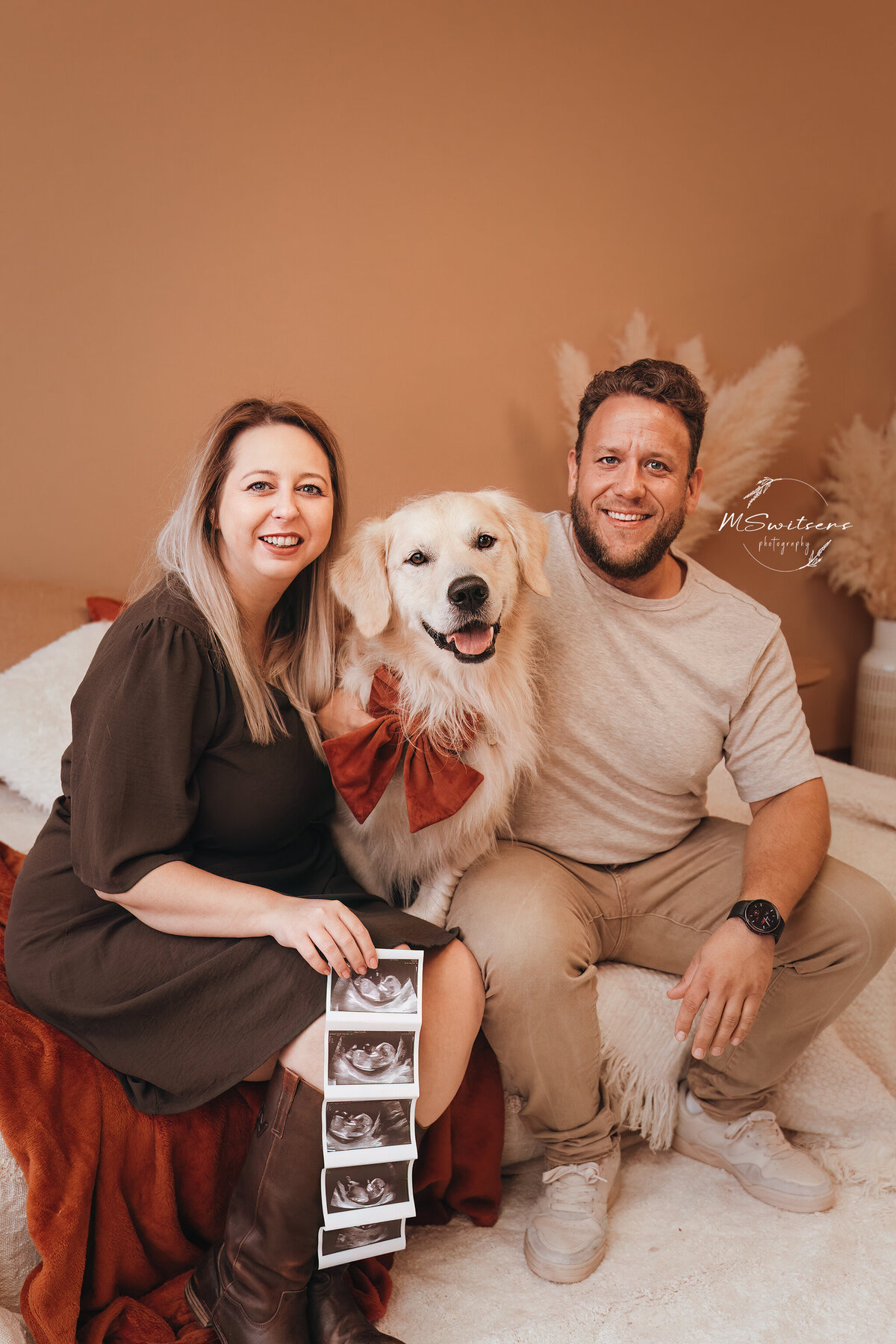 Zwangerschapsaankondiging met golden retriever hond en koppel. Deze fotoshoot gaat door in de daglicht studio te Geel, België