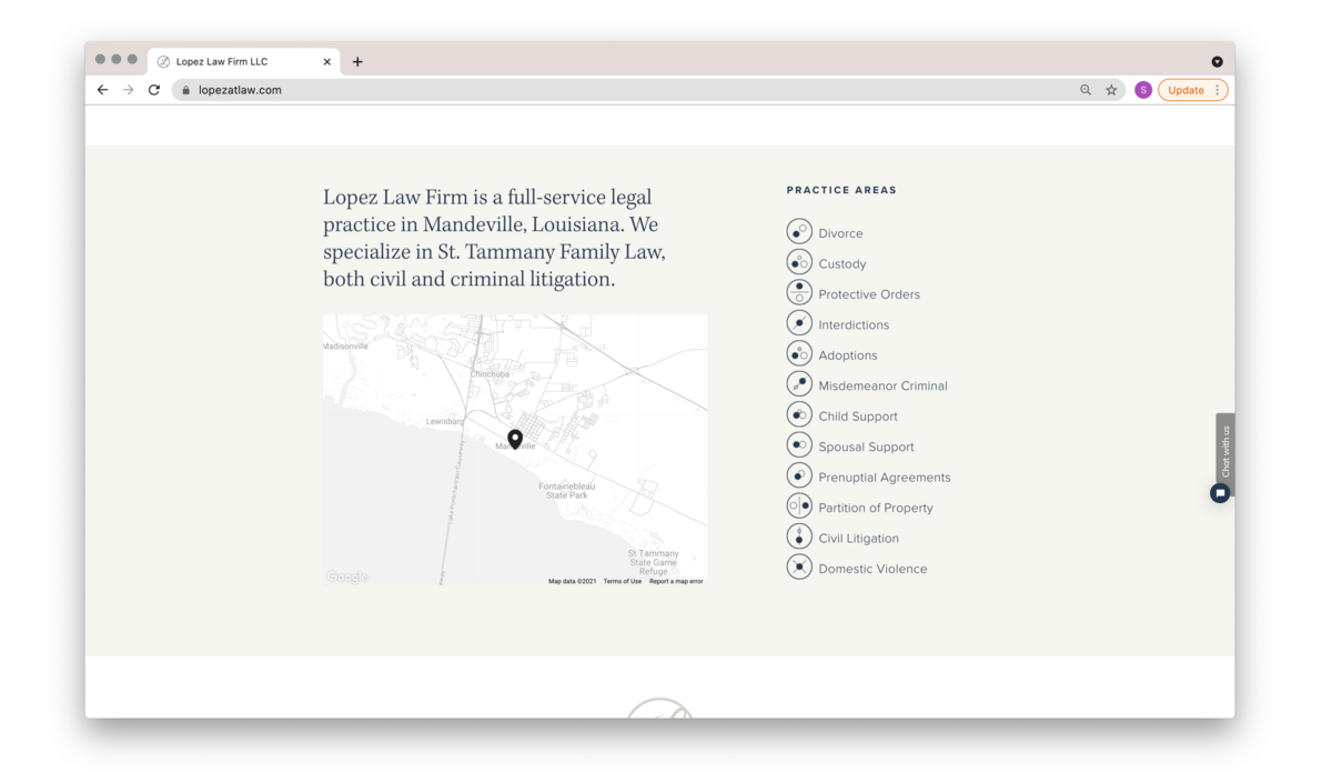 Website design showing Lopez Law Firm's practice areas and location.