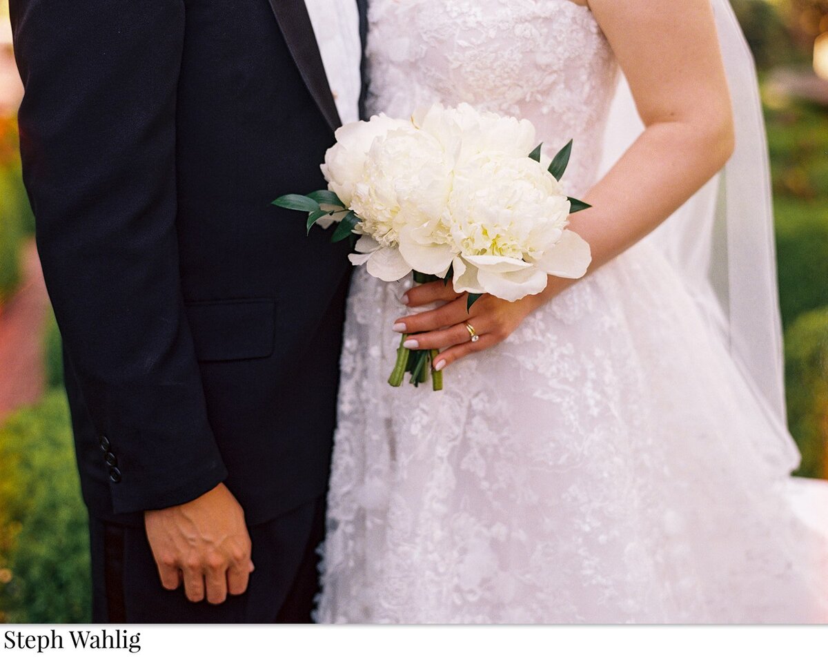 small bouquet, peonies, wedding bouquet, bridal, ball gown, sparkles, black tux, bride and groom
