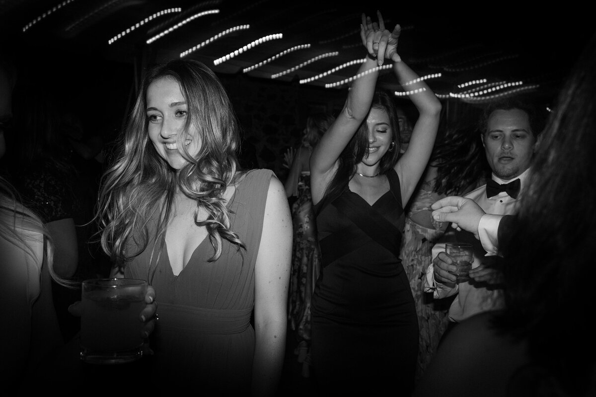 Wedding guests dance during wedding reception.
