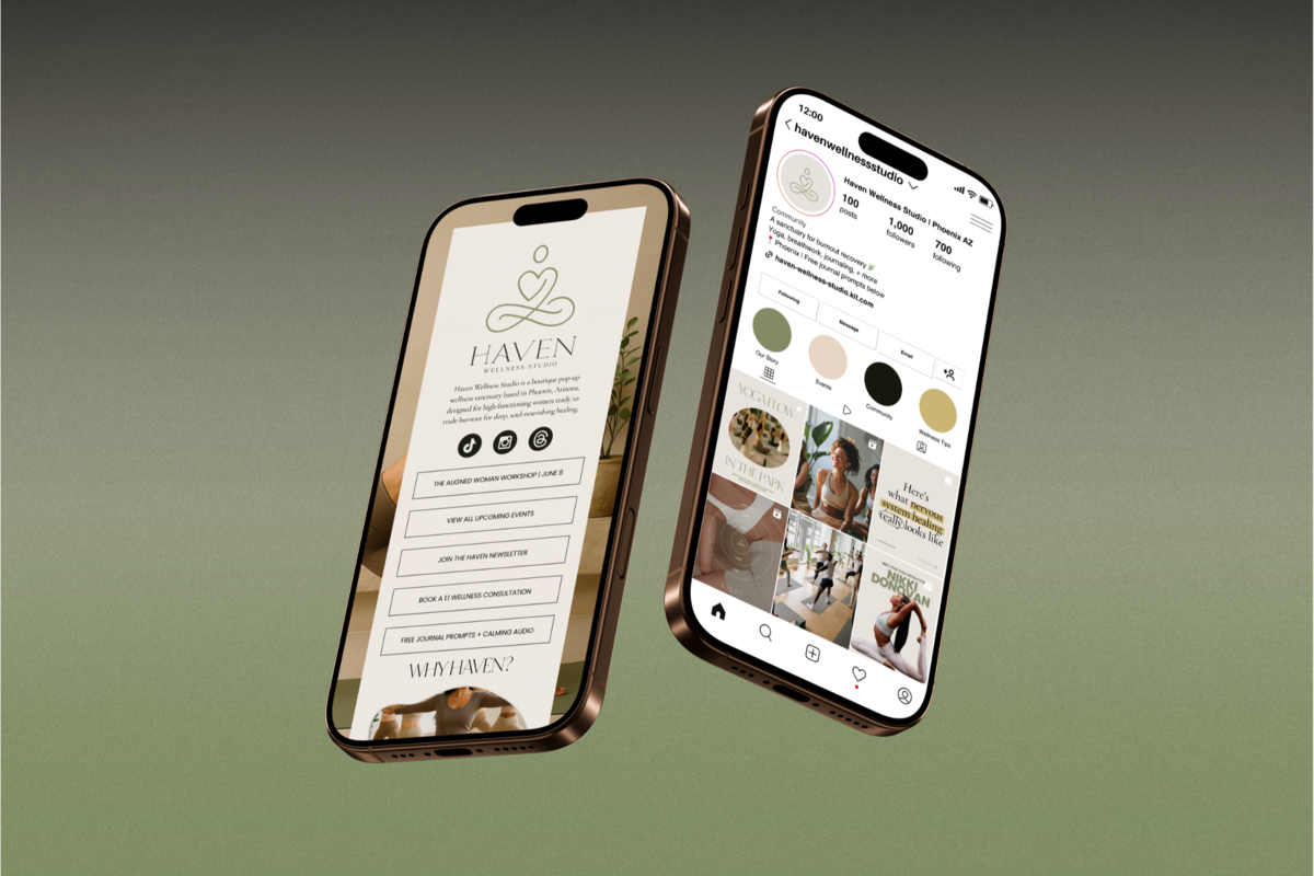 This image showcases the soulful, grounded, and elegant branding for Haven Wellness Studio—a holistic wellness brand created for women. Designed by Daijah Janae of Her Higher Standard, the brand identity is magnetic, earthy, and spiritually attuned, with strategy woven through every element.