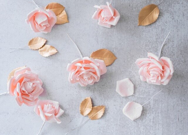 blush and gold roses and leaves gumpaste