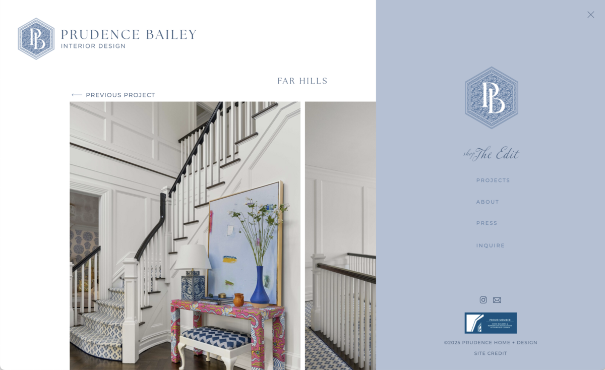 Prudence Bailey Interior Design project page with open side bar menu.