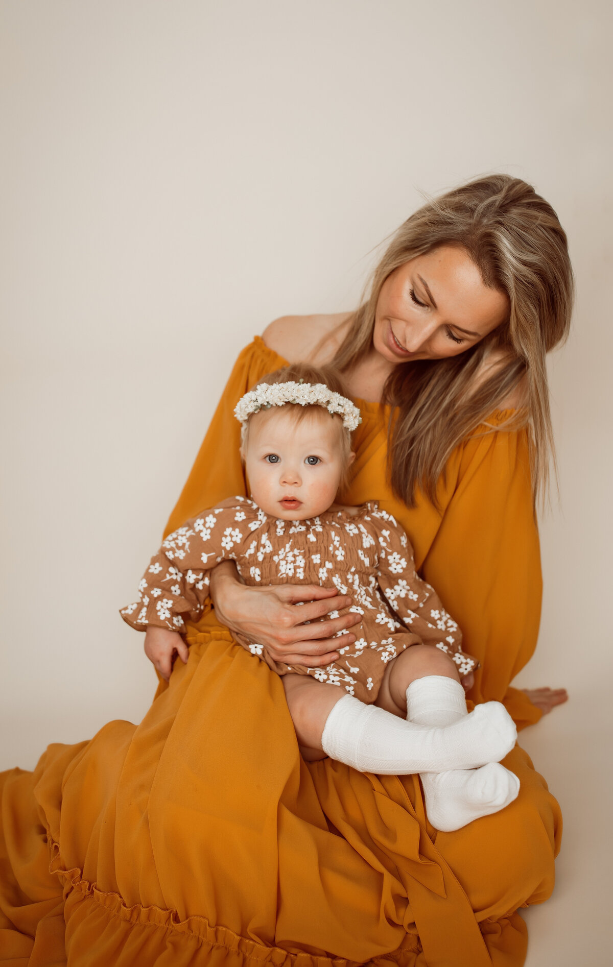 flower headband, mustard color, long dress, flower romper, mommy and me studio photo session, Alamogordo New Mexico  , studio