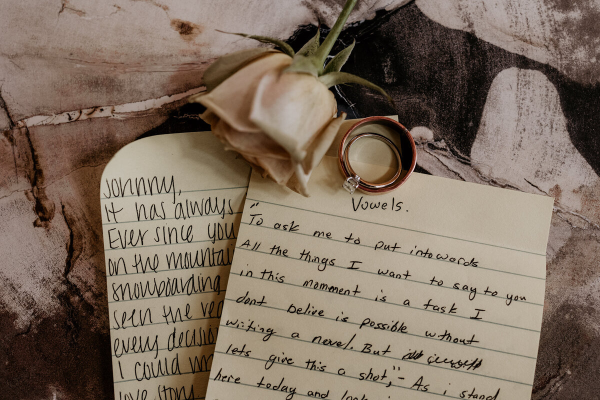 bride and groom wedding rings sitting on top of handwritten vows