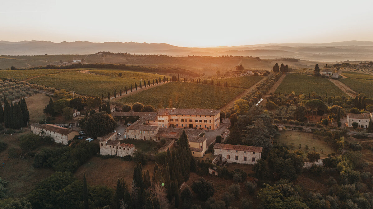 Drone photo of a rustic venue in tuscany