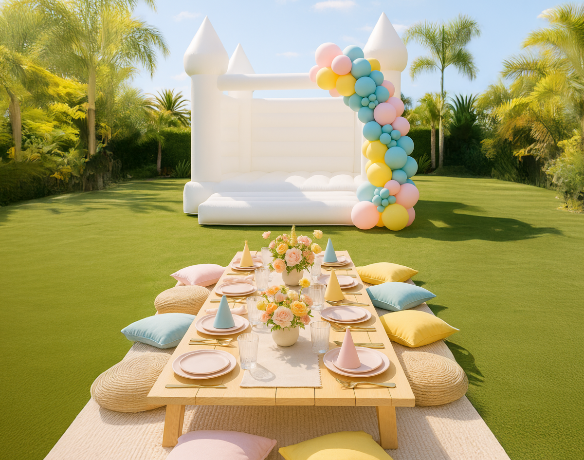 White bounce house with a colorful balloon garland and a table styled with pillows, flowers, and dinnerware
