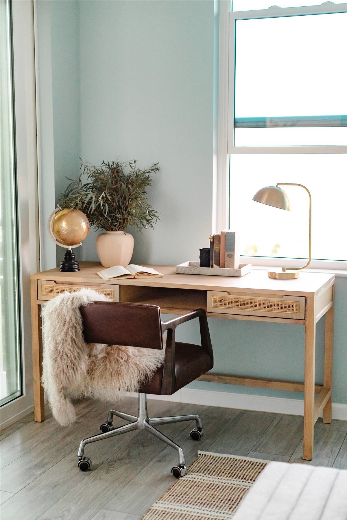 Wooden desk with leather brown chair