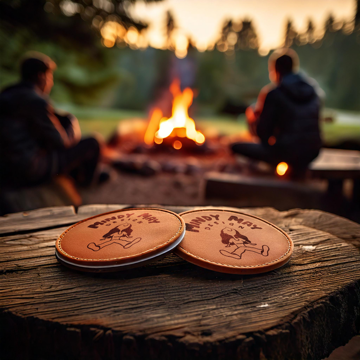 engraved-2-leather-coasters-at-a-campsite