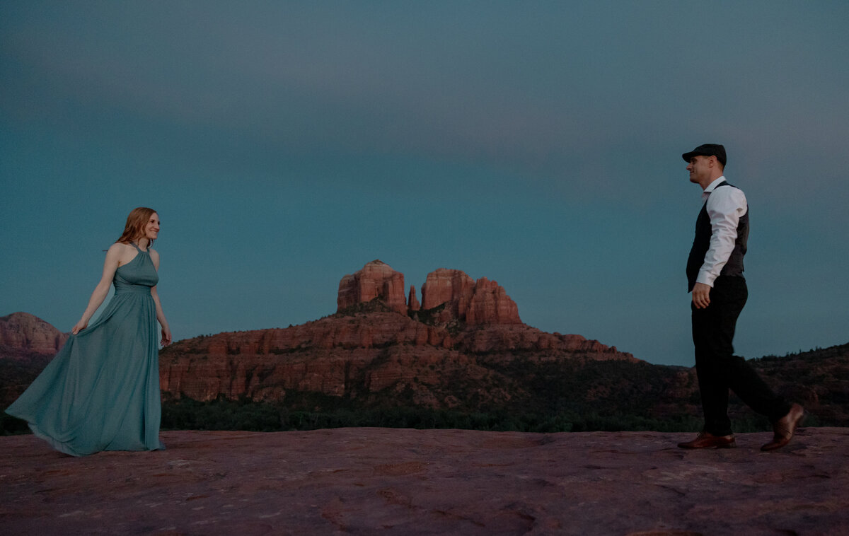 Sunset engagement photo in Sedona with golden Arizona light