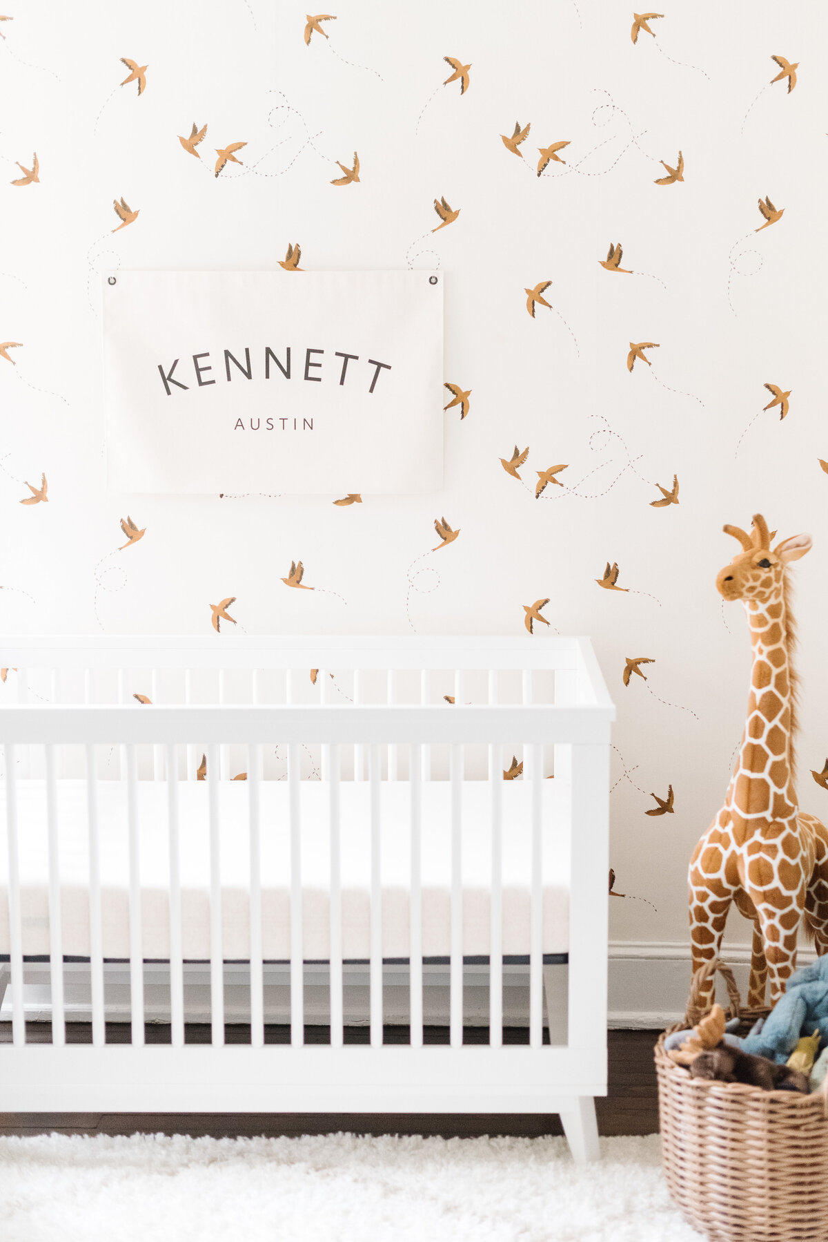 White crib in front of bird wallpaper with stuffed giraffe nearby - Northern Virginia Newborn Photographer