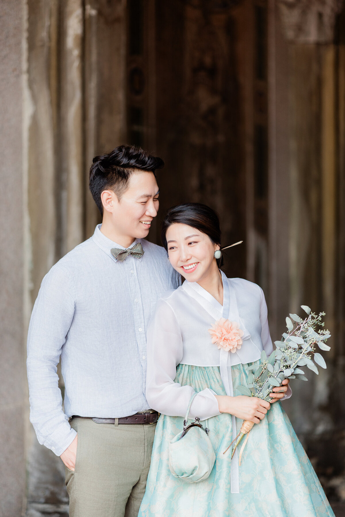 new york central park engagement session in korean tranditional hanbok