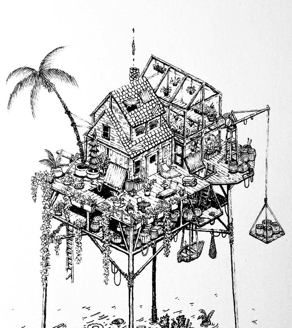 Zoomed in image of the plantform house and greenhouse pen and ink illustration.