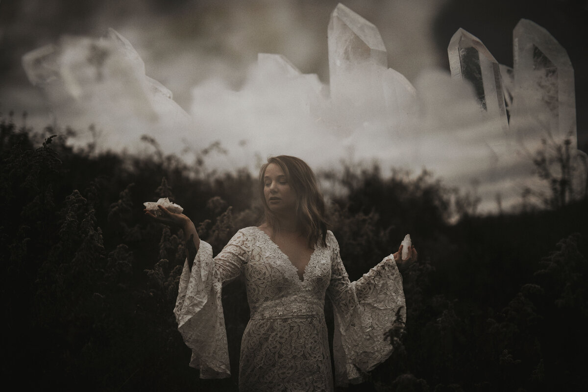 double exposure of a bride holding crystals in asheville nc