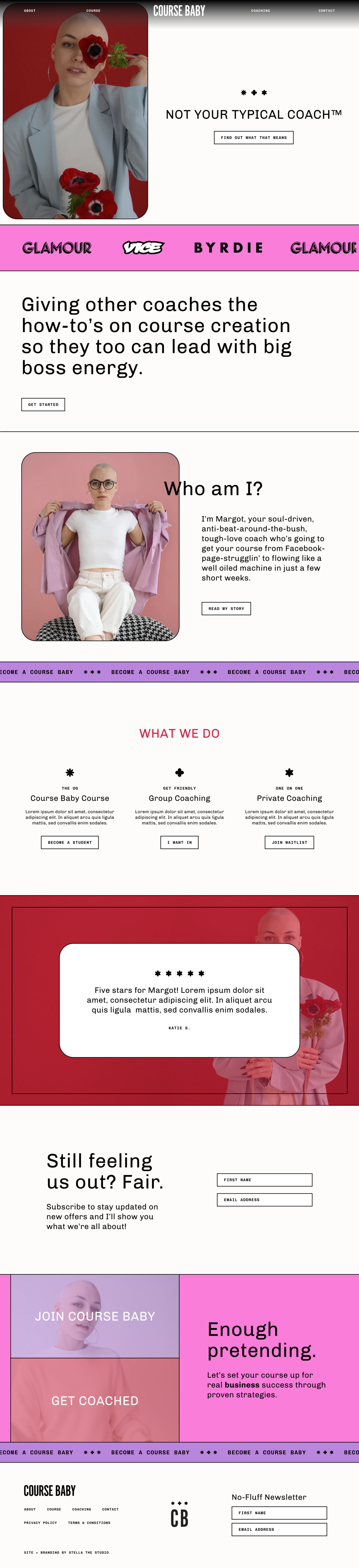 website design for course baby, the website is bold and vibrant