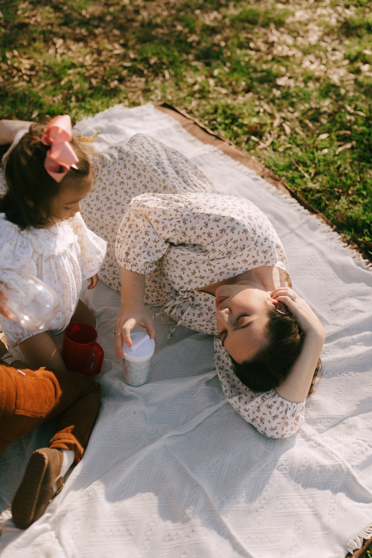 a family having a picnic on a blanket at a park